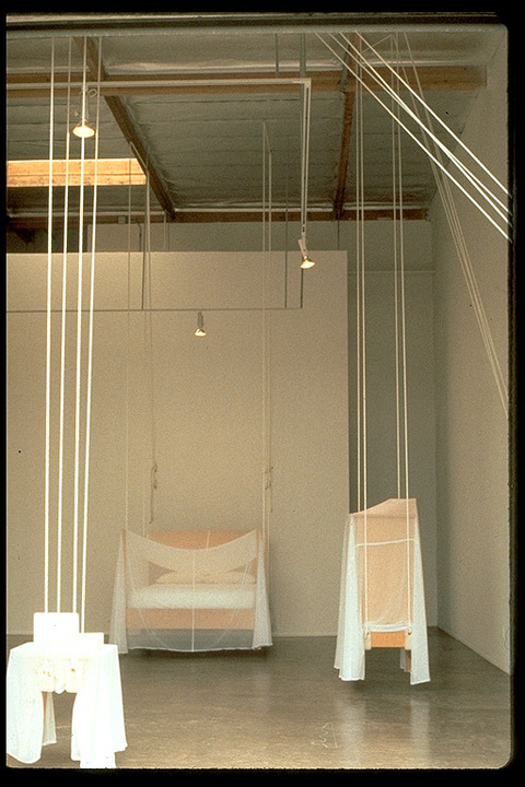  Quint/Krichman Projects, San Diego Domestic Furniture designed by Roy McMakin, ropes, shearling, chiffon, mattress, sheets, pillows, cleats, screw eyes, grommets, crayon