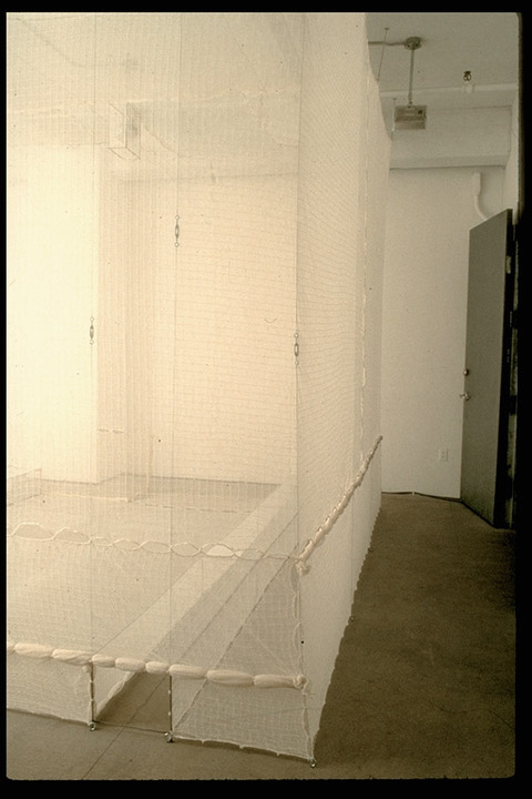  Derek Eller Gallery, NYC cotton netting, cotton bobinette, cording, wire, hardware and gallery.  (Lightwall = plexiglass, florescent lights. aluminum strips + sheetrock).