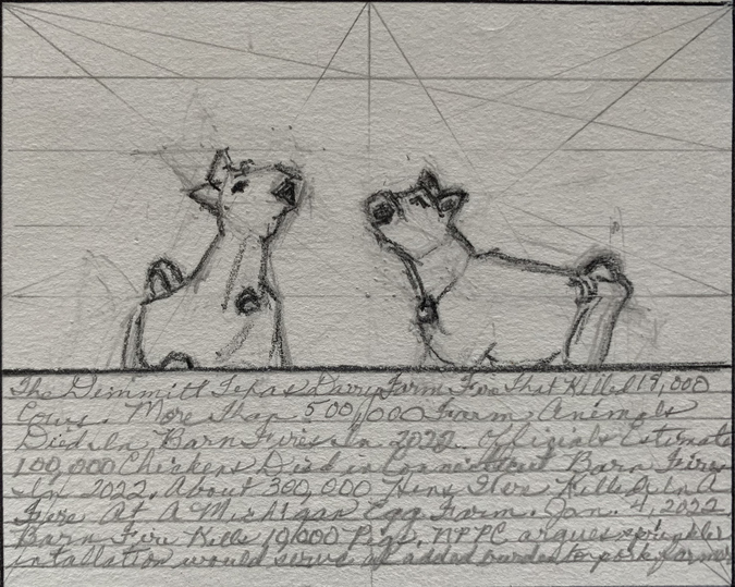 Amy Mahnick Elegies For Animals Trapped in Factory Farm Fires Graphite on sketchbook page