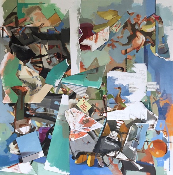 Amy Mahnick 2020-21/Collage Paintings  oil on linen, oil on arches oil paper,  torn pages from Jonathan Safran Foer's "Eating Animals," highlighter, marker, pencil