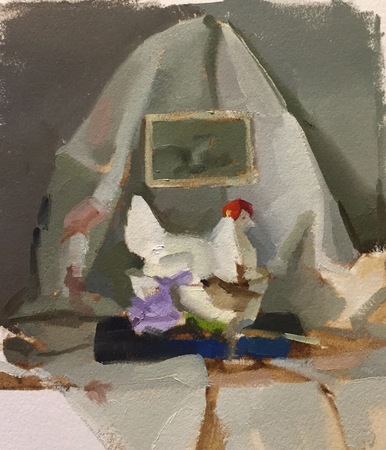 Study for Still Life For Egg-Laying Hens with Postcard of Oudry's The Angry Swan