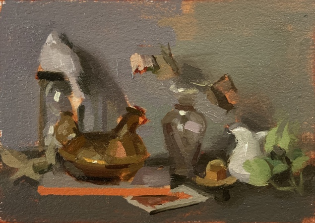 Study for Still Life with The Lives of Animals, Hourglass, and Postcard of Chardin's Two Rabbits, a Pheasant, and a Bitter Orange