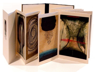 Anne Gilman Limited Edition Artist Books mixed media digital accordion book with hand coloring, printed on Arches cover stock, edition of 10