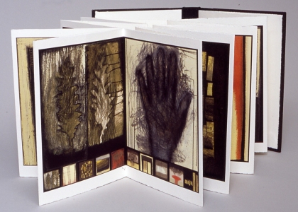 Anne Gilman Limited Edition Artist Books mixed media digital accordion book with hand coloring, printed on Arches cover stock, edition of 10