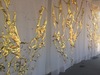  Kintsugi and Road Ribbons  gold metallic paper and sheer fabric, graphite, thread, linen, gel medium