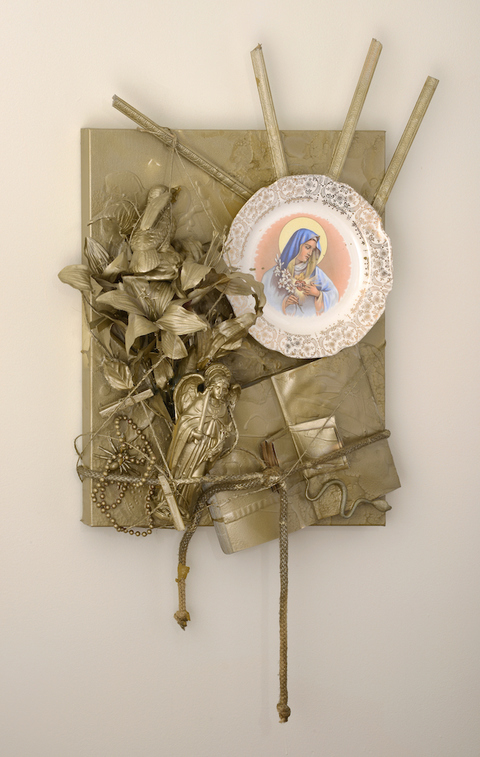 Devotional Visitations Mixed Media: found objects, sisal twine, and paint