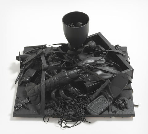 Still Life with Lobster and Flip Phone Vanitas Mixed media: Found objects and paint