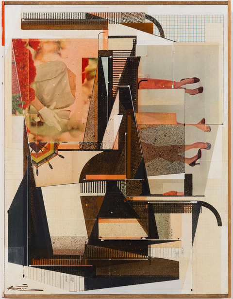 Augustine Kofie Collage Found paper, acrylic polymer, ball point pen and graphite on cradled birch panel;   sealed in archival matte varnish.; finished in satin varnish; strip framed by artist with found yardsticks and pine.