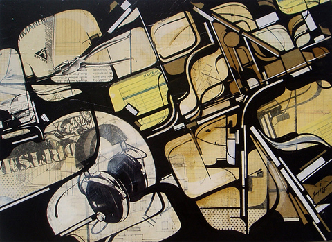 Augustine Kofie Collage Found paper collage & acrylic on cradled birch panel.