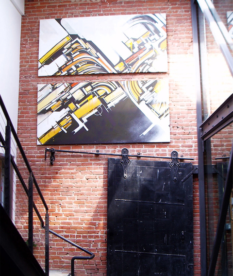 Augustine Kofie Paintings Acrylic polymer and spray paint synthetic canvas. Finished in semi gloss gel medium.