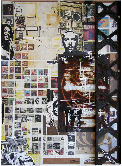 Augustine Kofie Collage  Found paper, found metal, acrylic and enamel spray paint on found cradled mahogany panel.