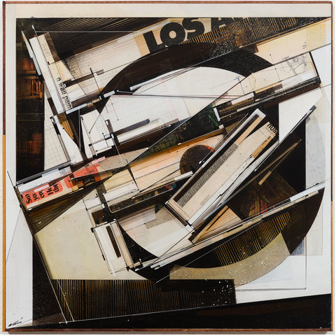 Augustine Kofie Collage Found paper, acrylic, screen-print, ball point pen, graphite and white-out on cradled birch panel.  Sealed in archival matte varnish. Finished in satin varnish. Framed by artist with mahogany stained pine and found yardsticks.