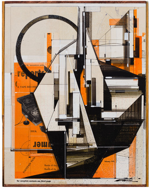 Augustine Kofie Collage Found paper, acrylic, screen-print, ball point pen, graphite and white-out on cradled birch panel.  Sealed in archival matte varnish. Finished in satin varnish.  Framed by artist with mahogany stained pine and found yardsticks.