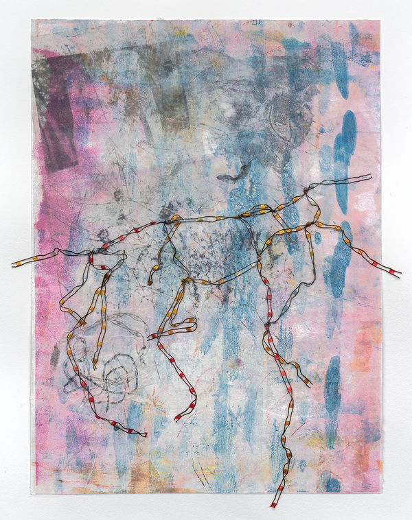 Barbara Straussberg Monotype Prints Akua Monotype, Photopolymer and Collagraph Print with Chine Colle and Thread on Paper