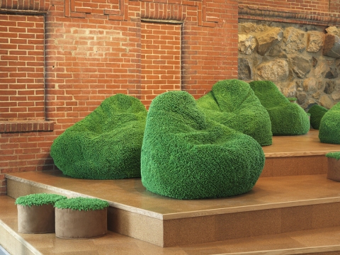 Barbara Gallucci Sculpture and Installation shag chenille beanbags, wood platforms, cork tile