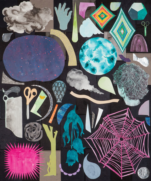 Brian Hitselberger Works on Paper 2016 Ink, watercolor, gouache, latex, acrylic, paper and mylar collage on canvas