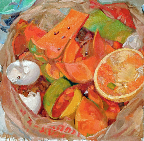 Papaya Compost NATURE MORTE and not so morte oil on canvas