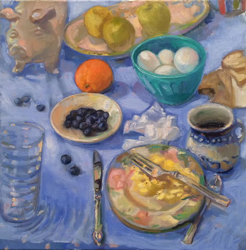 Blue Eggs and Ham NATURE MORTE and not so morte oil on canvas