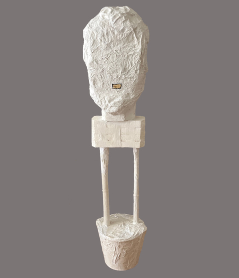 Carol Bruns Sculpture 2019-2022 steel, cement, bamboo, paper, styrofoam, gesso, flax, plastic teeth.