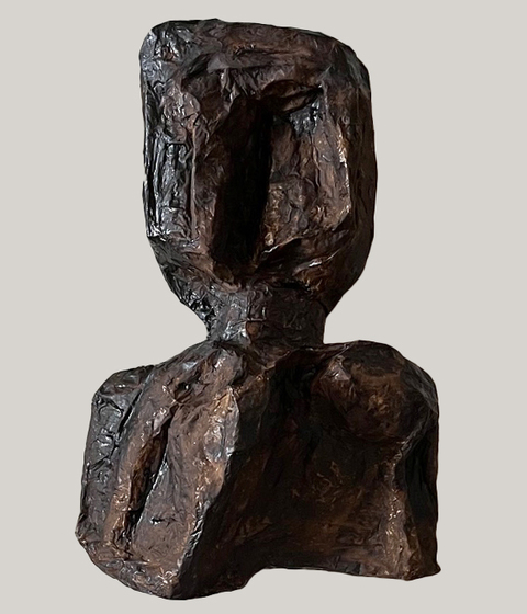 Carol Bruns Sculpture 2024  36x24x14" cardboard, paper, plaster, bitumen.