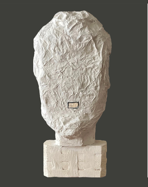 Carol Bruns Sculpture 2024-2026 styrofoam, paper, plaster, plastic teeth, pen.