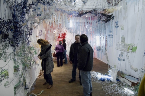 Caroline Lathan-Stiefel  Whorl (2006) fabric, pipe cleaners, yarn, pins, thread, fruit nets, wire, lights