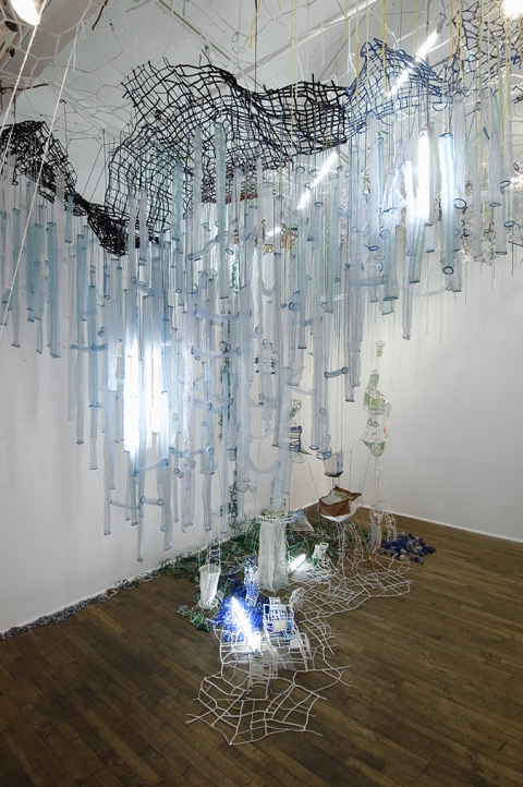 Caroline Lathan-Stiefel  Whorl (2006) fabric, pipe cleaners, yarn, pins, thread, fruit nets, wire, lights