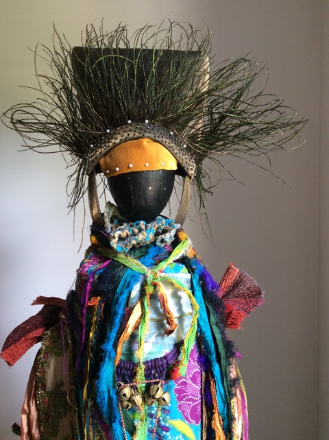 Carol Anna Meese 2016 Totems silk, bells, peacock feathers, velvet, Indian birds
