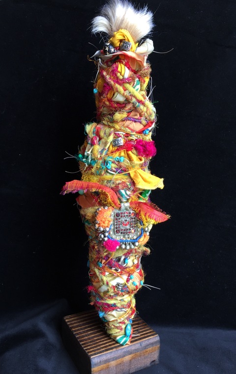 Carol Anna Meese 2016 Totems silk fabric and yarn, beads, Persian tribal medallion