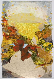 CAROLYN SWIFT Flux mixed media relief and collage: woodcut, relief print, collograph, acrylic ink and paint, colored pencil