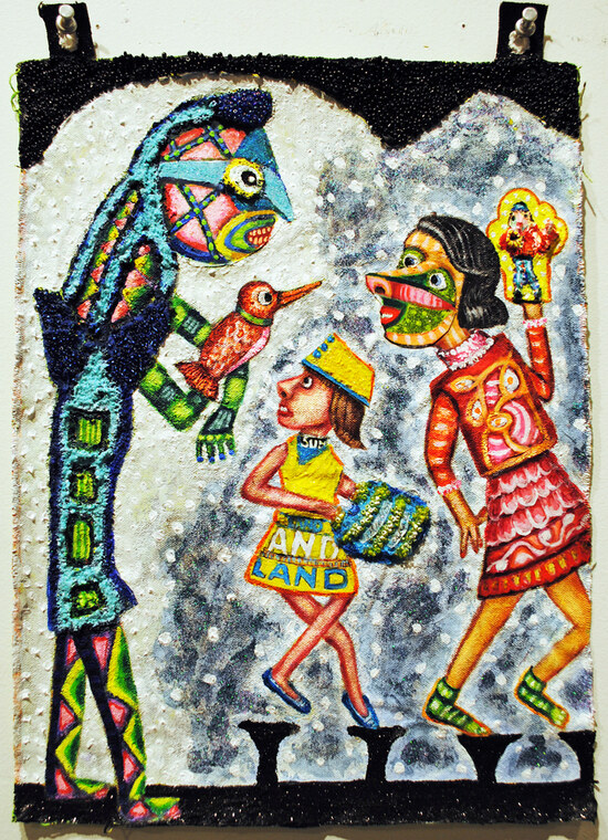 cathy wysocki THE MEANS APPROPRIATE TO A SMALL MOUSE acrylic, beads, sand, glitter, collage on unstretched canvas