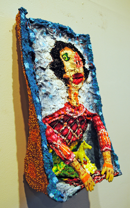 cathy wysocki THE MEANS APPROPRIATE TO A SMALL MOUSE acrylic, ink, beads, glitter, sand, molding paste, doll arms, plastic horse, pignut hickory shell, collage, board