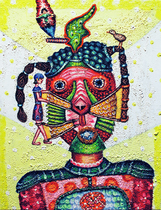 cathy wysocki THE MEANS APPROPRIATE TO A SMALL MOUSE acrylic, sand, beads, glitter, string, collage on canvas