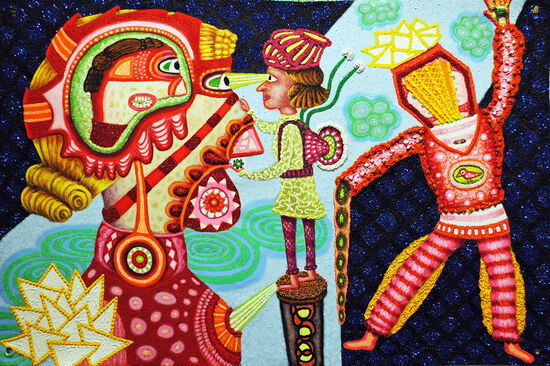 cathy wysocki THE MEANS APPROPRIATE TO A SMALL MOUSE acrylic, collage, sand, beads, string, pompoms, glitter, grommets on unstretched canvas