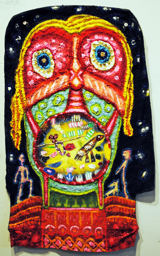 cathy wysocki THE MEANS APPROPRIATE TO A SMALL MOUSE acrylic, collage, sand, beads, thread, glitter, grommets, on recycled linen bag