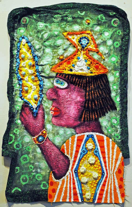 cathy wysocki THE MEANS APPROPRIATE TO A SMALL MOUSE acrylic, collage, sand, beads, thread, glitter, grommets on recycled linen bag