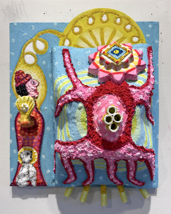 cathy wysocki THE MEANS APPROPRIATE TO A SMALL MOUSE acrylic, sand, collage, paper pulp, beads, glitter,string,       wood, paper tubes, cardboard, canvas, ceramic hand on wood panel