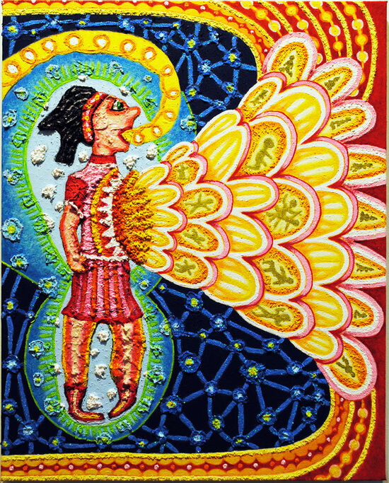 cathy wysocki THE MEANS APPROPRIATE TO A SMALL MOUSE acrylic, sand, beads, string, glitter, collage on canvas