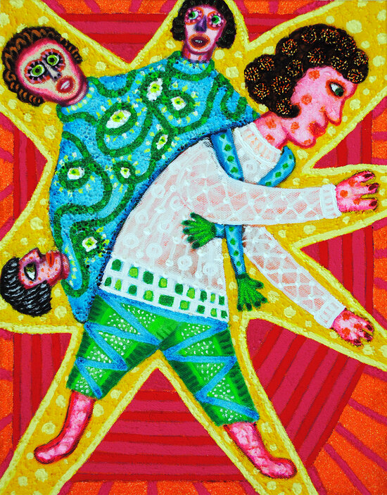 cathy wysocki THE MEANS APPROPRIATE TO A SMALL MOUSE acrylic, sand, glitter, beads, collage on canvas
