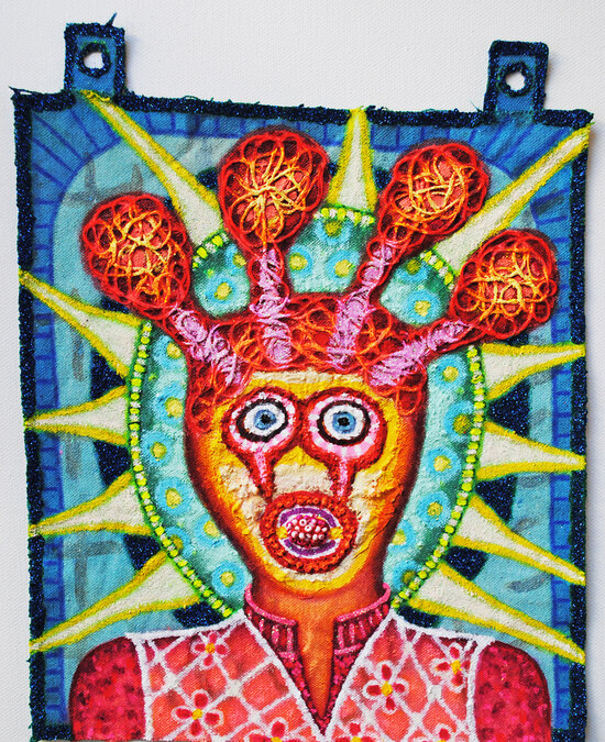 cathy wysocki THE MEANS APPROPRIATE TO A SMALL MOUSE acrylic, glitter, sand, mica, colored pencil, string, beads, collage on unstretched canvas
