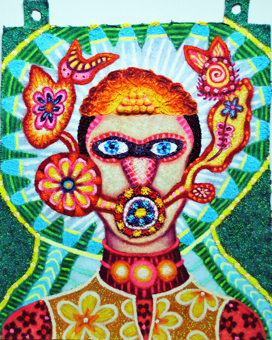cathy wysocki THE MEANS APPROPRIATE TO A SMALL MOUSE acrylic, sand, mica, glitter, beads, pompoms,string on unstretched canvas