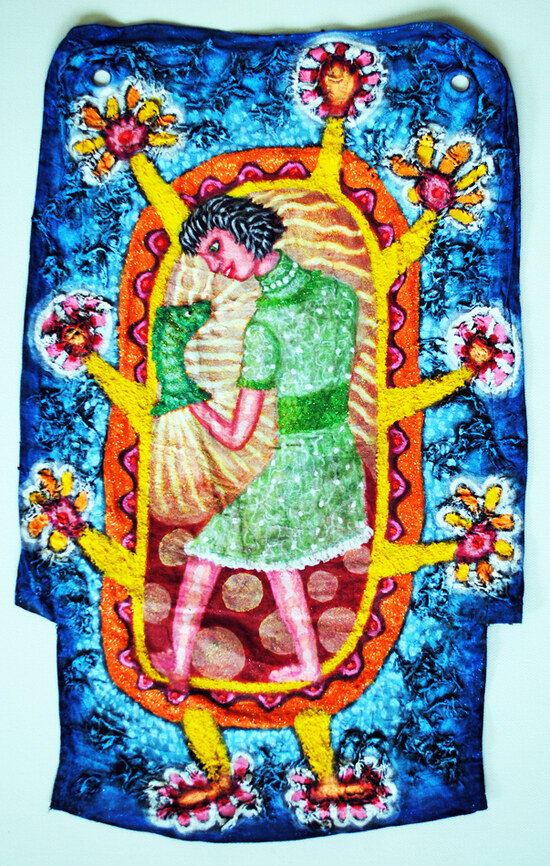 cathy wysocki THE MEANS APPROPRIATE TO A SMALL MOUSE acrylic, string, sand, glitter, grommets on repurposed linen bag