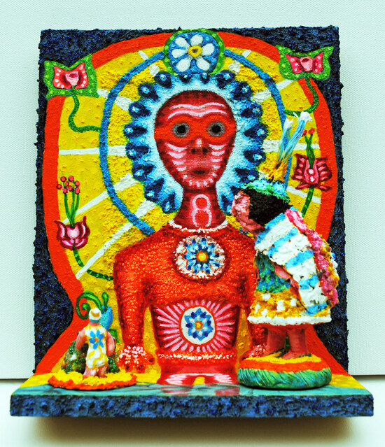 cathy wysocki THE MEANS APPROPRIATE TO A SMALL MOUSE acrylic, sand, mica, glitter, beads, collage, canvas, paperclay,plastic fibers, wood