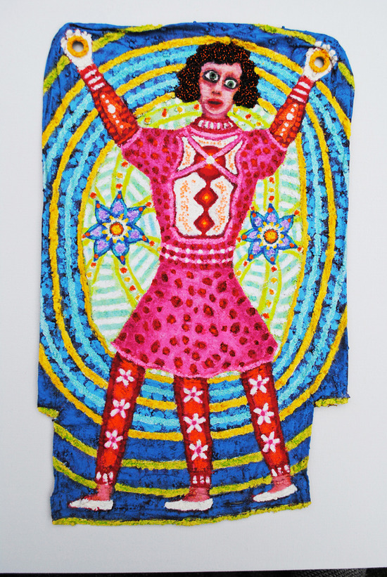 cathy wysocki THE MEANS APPROPRIATE TO A SMALL MOUSE acrylic, sand, beads, glitter, mica, grommets on repurposed linen bag