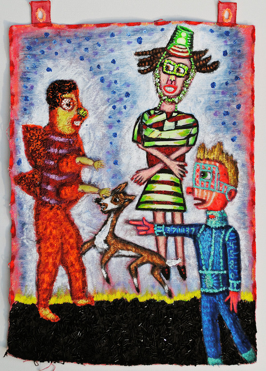 cathy wysocki THE MEANS APPROPRIATE TO A SMALL MOUSE acrylic, beads, sand, glitter, doll arms, collage on unstretched canvas