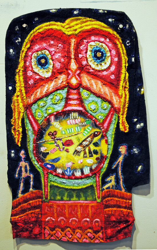 cathy wysocki THE MEANS APPROPRIATE TO A SMALL MOUSE acrylic, collage, sand, beads, thread, glitter on recycled linen bag