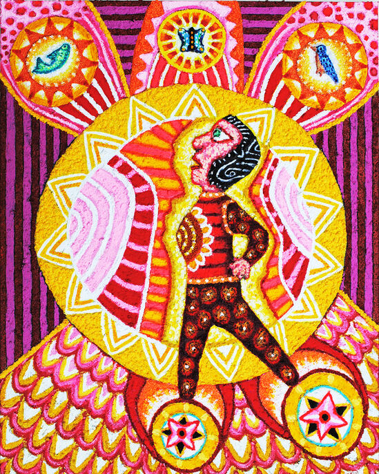 cathy wysocki THE MEANS APPROPRIATE TO A SMALL MOUSE acrylic, beads, ashes, glitter, paperclay, collage on canvas