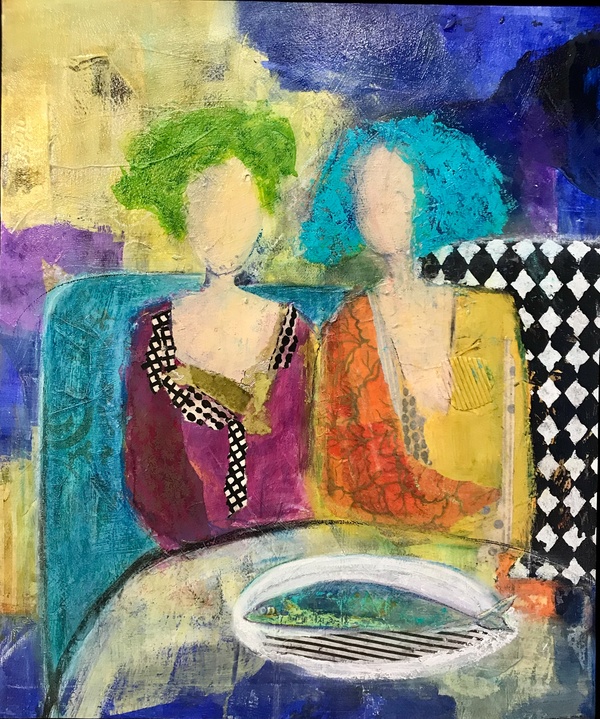 A Fish & Two Friends Paint & Palette Knife Acrylic with mixed media on panel