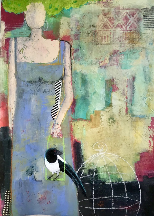 Magpie Paint & Palette Knife Acrylic with mixed media on panel
