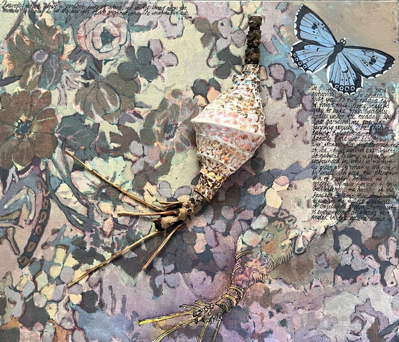 Christopher Croft Insects on English Roses Wooden panel; Upholstery cloth; Found materials